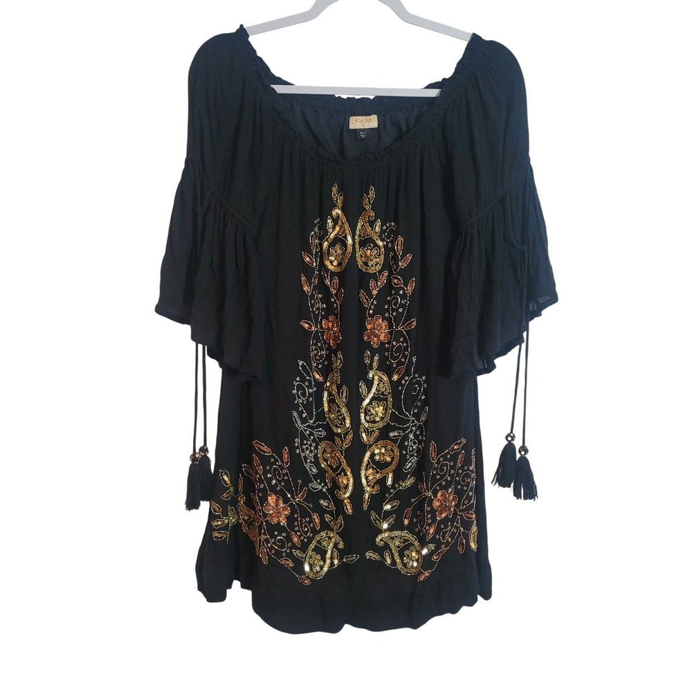 Lula Soul Black Sequin Embroidered Tassel Bell Sleeve Boho Tunic Top Women Small